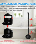 Installation instructions for Powerful Toilet Plunger With Holder And Cover For Bathroom Use, featuring 3 handle rods and ventilated holder.