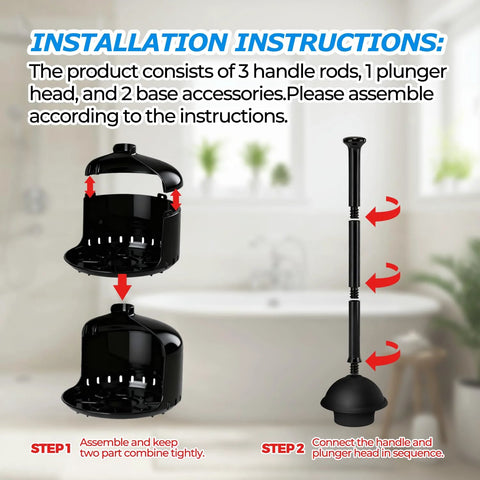 Installation instructions for Powerful Toilet Plunger With Holder And Cover For Bathroom Use, featuring 3 handle rods and ventilated holder.