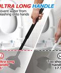 Image displaying a comparison between an ultra long toilet plunger handle and a regular handle, highlighting the extended length for easy cleaning.