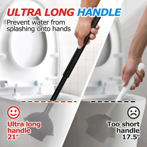 Image displaying a comparison between an ultra long toilet plunger handle and a regular handle, highlighting the extended length for easy cleaning.