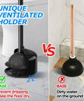 Comparison of Powerful Toilet Plunger With Holder and traditional plunger, highlighting ventilated holder preventing drips.