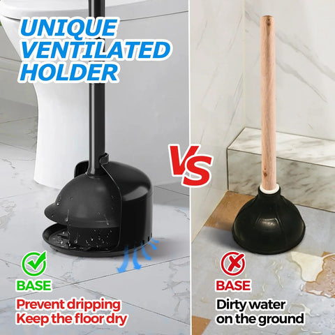 Comparison of Powerful Toilet Plunger With Holder and traditional plunger, highlighting ventilated holder preventing drips.