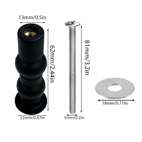 Toilet Seat Bolts And Screws Kit, 4 Pieces, extra-long stainless steel fasteners and rubber nut anchors with dimensions shown
