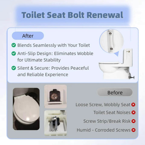 Universal Toilet Seat Screws Replacement Kit for Top Mount Seats with Easy Install Rubber Bolts and Stainless Steel Hardware - Before and After Comparison