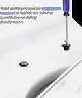 Installation of No Fuss Easy Install Universal Toilet Seat Hinge Screws with stainless steel and rubber top mount hardware on toilet.