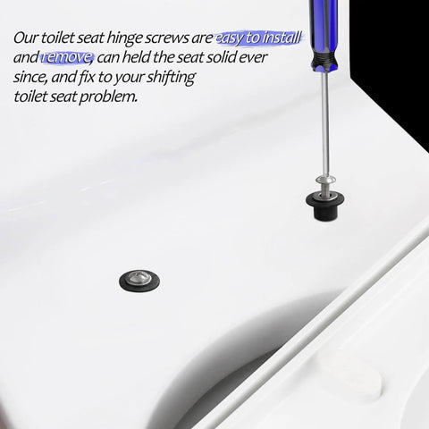 Installation of No Fuss Easy Install Universal Toilet Seat Hinge Screws with stainless steel and rubber top mount hardware on toilet.