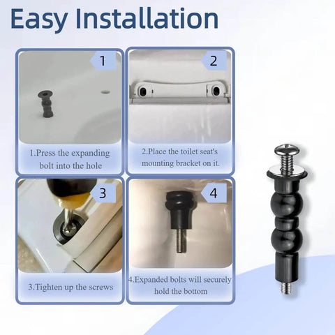 Installation steps for Universal Toilet Seat Screws Replacement Kit For Top Mount Seats shown with rubber bolts and hardware