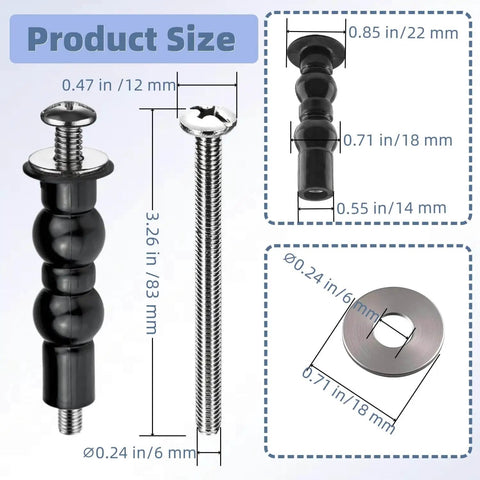 Universal Toilet Seat Screws Replacement Kit showing stainless steel bolt and expanding rubber nut with size dimensions