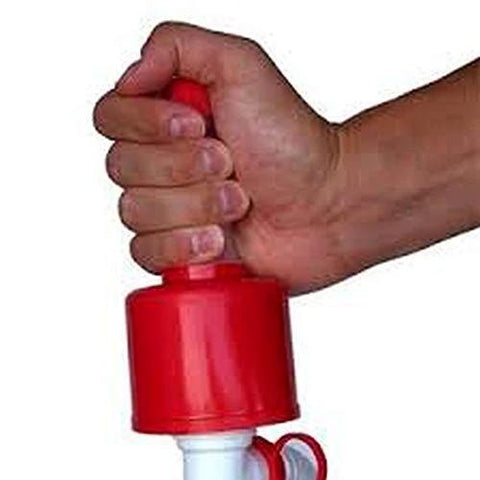 Close-up of a hand operating Tolco 160116 Value Siphon Drum Pump Individual Box, 49.25" Height, 43.75" Width, Red/White.