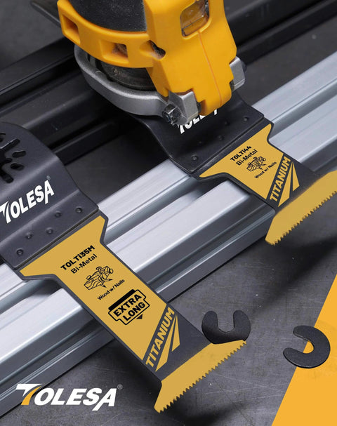 TOLESA 16pcs Extra-Long Titanium Oscillating Saw Blades set on a metal surface, highlighting durable construction for metal, wood, plastic.