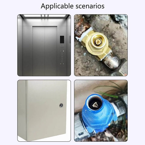 Image showing various applications for All In One Adjustable Tool For 5.3mm To 9mm Fits Multi Geometry Portable Body Designed For Outdoor Emergencies And Industrial Repairs Zinc Alloy Hand Tool With Ergonomic Non Slip Handle For Precise Torque And Beefy Pro Grade Reliability, featuring elevator doors, plumbing valve, locked cabinet and outdoor pipe fitting.