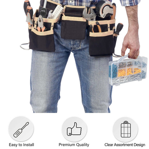 Person holding 510Pcs Wall Hanging Kit with Anchors and Screws, Picture Hanging Kit for Wall Decor Art, Frame, Canvas with tool belt.