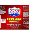 Label of Tool Box Buddy Air Tool Lubricant 2 Ounce Bottle From Lucas Oil, detailing product benefits like lubrication and rust dissolution.