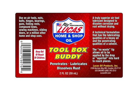 Label of Tool Box Buddy Air Tool Lubricant 2 Ounce Bottle From Lucas Oil, detailing product benefits like lubrication and rust dissolution.