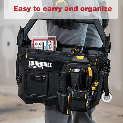 Person holding a Toughbuilt tool tote with organized tools and a visible Premium 435-Piece Roll Pin Set By AIMUNOK inside.