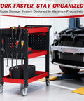 Heavy Duty 3 Tier Tool Cart On Wheels With Drawers And Pegboards For Garage And Workshop, Industrial Steel Rolling Utility Cart With 660 Lbs Load Capacity, Rust Resistant Powder Coated Finish, XCX in a workshop with tools