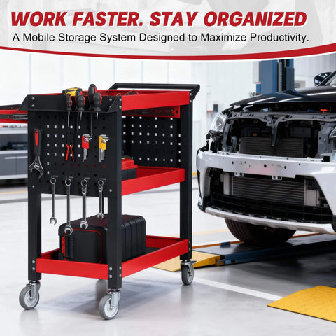 Heavy Duty 3 Tier Tool Cart On Wheels With Drawers And Pegboards For Garage And Workshop, Industrial Steel Rolling Utility Cart With 660 Lbs Load Capacity, Rust Resistant Powder Coated Finish, XCX in a workshop with tools