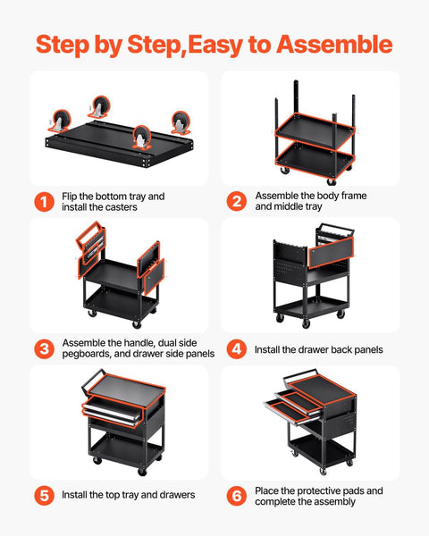 Assembly steps for Heavy Duty 5 Tier Rolling Tool Cart With 400 Lb Capacity, Locking Drawers, Pegboard Side Panels, And Smooth Glide Drawers