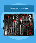 Open toolbox showing a variety of red and black hand tools including wrenches, pliers, and screwdrivers against a blue background.