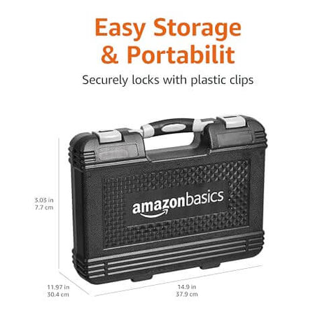 Carry case for 65 Piece General Household Tool Kit Set With Carry Case Durable Steel Tools Ergonomic Non Slip Handles Handy For Everyday DIY Projects And Basic Home Repairs, black plastic with secure locks.