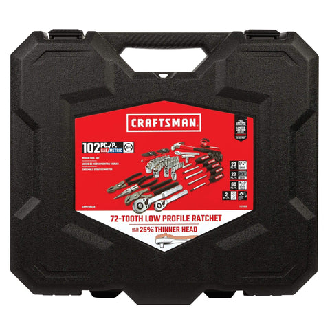 102-Piece Home And Auto Tool Kit With Low Profile 72-Tooth Ratchet And Five Degree Swing in durable blow mold case.