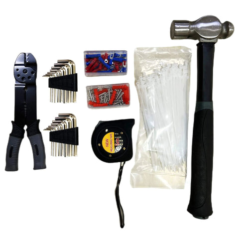 Tools from 439-Piece Mechanic Tool Set in Heavy-Duty 3-Drawer Steel Box, including hammer, pliers, tapes, and fasteners.