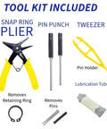 Premium Crown PTH50 Pallet Jack Wheel Replacement Kit Set tools including snap ring pliers, pin punch, tweezers, and lubrication tube.