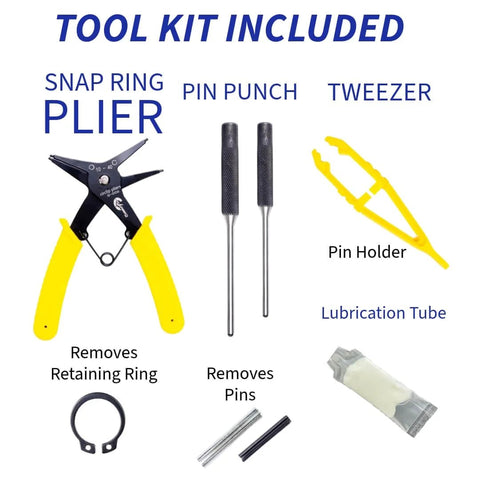 Premium Crown PTH50 Pallet Jack Wheel Replacement Kit Set tools including snap ring pliers, pin punch, tweezers, and lubrication tube.