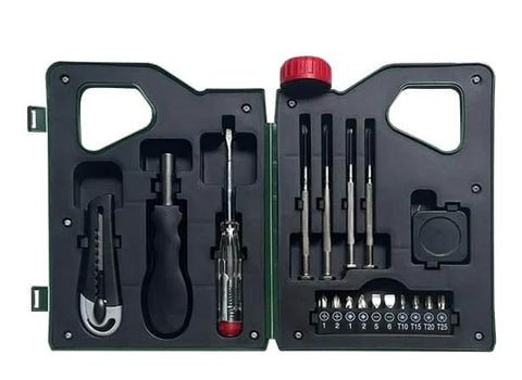 18 Piece Home Tool Kit With Screwdriver Set And Precision Tools For DIY Household Maintenance And Home Repair Grab And Go Portable Case With Ergonomic Handles And Versatile Bits open view showing tools and bits neatly organized