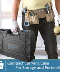 Man holding compact carrying case containing 148-Piece Home Tool Kit With Case And Ratcheting Screwdriver, Pliers, and more.
