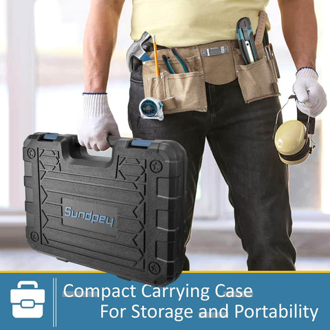 Man holding compact carrying case containing 148-Piece Home Tool Kit With Case And Ratcheting Screwdriver, Pliers, and more.