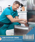 Man using 148-Piece Home Tool Kit With Case And Ratcheting Screwdriver, Pliers, Wrench for home repairs in kitchen