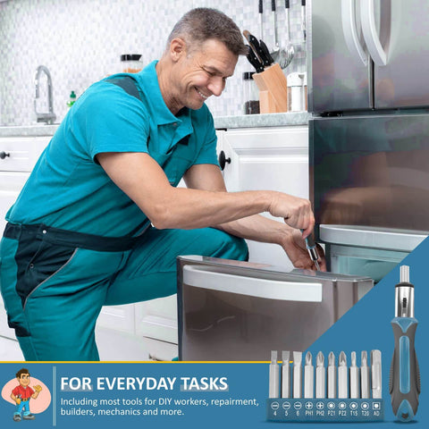 Man using 148-Piece Home Tool Kit With Case And Ratcheting Screwdriver, Pliers, Wrench for home repairs in kitchen