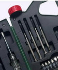Close-up view of 18 Piece Home Tool Kit With Screwdriver Set And Precision Tools For DIY Household Maintenance And Home Repair Grab And Go Portable Case With Ergonomic Handles And Versatile Bits. Features open portable green case, precision screwdrivers, and assorted bits.