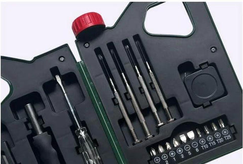 Close-up view of 18 Piece Home Tool Kit With Screwdriver Set And Precision Tools For DIY Household Maintenance And Home Repair Grab And Go Portable Case With Ergonomic Handles And Versatile Bits. Features open portable green case, precision screwdrivers, and assorted bits.