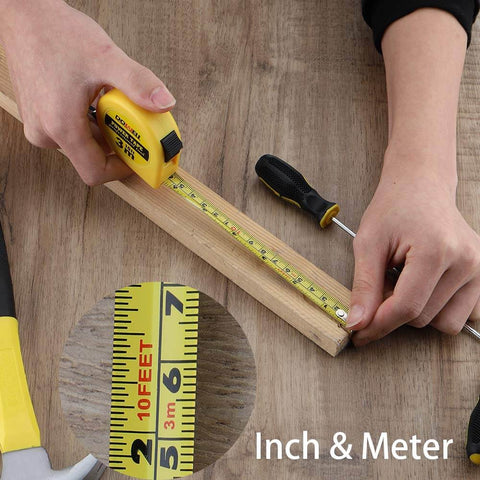 Hands using a measuring tape from 24 Piece Homeowner Tool Set With Portable Tool Bag For Everyday Home Fixes, Ergonomic TPR Handles.