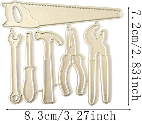 Versatile Die Cut Set For DIY Card Making And Scrapbooking With tool-shaped metal cutting dies and embossing stencils.