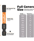 Diagram of a 2" Toolant hex bit with CNC magnetic tips, torsion area, and quarter-inch hex shank. Size chart for SAE and metric shown.