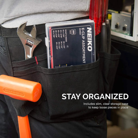 Person wearing tool belt with E Clip Assortment Set With 300 Pieces Heat Treated External Retaining Clips Nine SAE Sizes visible