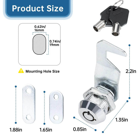 Durable 5/8 inch tubular cam toolbox locks with two keys, zinc alloy chrome finish, rustproof and waterproof, dimensions shown