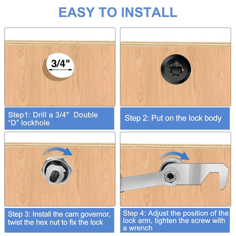 Installation guide for keyed-alike toolbox lock pair with hook cam and tubular cam mechanisms, for 1 1/8 inch latching distance.