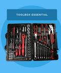 Open black and red toolbox with assorted hand tools including pliers, wrenches, and screwdrivers on a blue background.