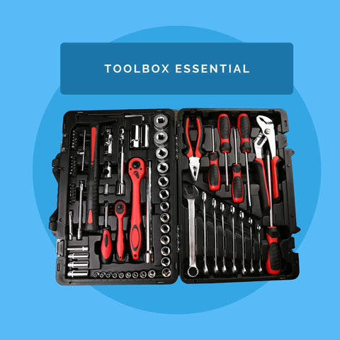Open black and red toolbox with assorted hand tools including pliers, wrenches, and screwdrivers on a blue background.