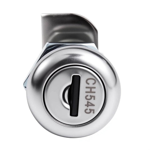 Front view of Replacement 5/8 inch toolbox lock cylinder for lift up latch truck tool boxes with chrome zinc finish showing key slot.