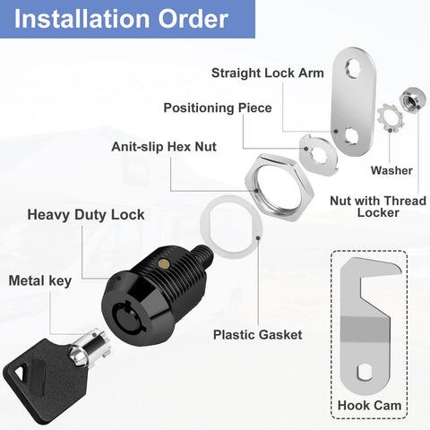 Installation guide for durable toolbox lock with keyed-alike set, tubular and hook cam design for cabinets, zinc alloy body