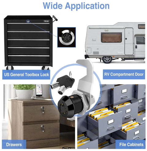 Durable toolbox lock with keyed-alike set, tubular and hook cam design for cabinets, zinc alloy body, easy installation, shown on tool box and cabinet