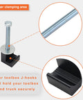 Heavy Duty Truck Toolbox Mounting Kit With Fastening Nuts For Aluminum Pickup Bed Toolbox Secure J Hooks Tie Downs Crossbar Crossover Fixed Kit Black Universal Fit close-up showing J-hooks and fastening nuts.