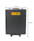 Front view of All In One Roll Bar Box Kit With 899 Precision Tools For Home And Auto Repairs Including Emergency Car Fixes Plus Water Electrical And Woodworking Essentials For Gardeners Homeowners And Handymen On The Go Silver, showing closed container with dimensions.