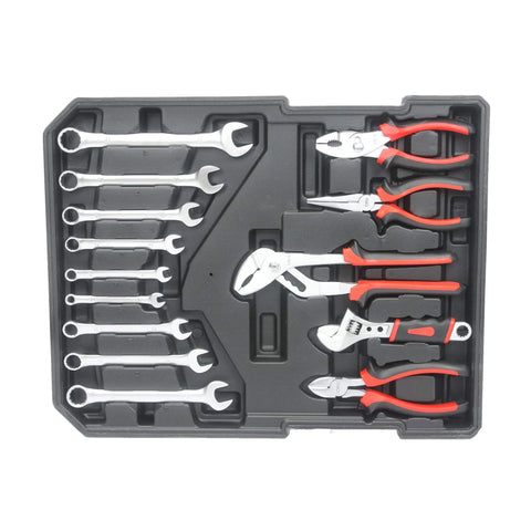 Wrenches and pliers in a black tray from the Roll Bar Rolling Toolbox Kit With 899-Piece Emergency Car, Water, Electrical And Woodworking Repair Set In Silver
