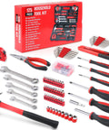 Tools from 175 Piece All Purpose Tool Kit In Durable Toolbox Case For Home Auto Garage Travel Emergency DIY Projects And Everyday Repairs Perfect Housewarming Gift For DIYers laid out with box.